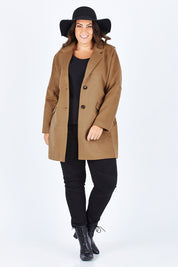 Model Stacey wearing size L of the Ascot Coat in colour Caramel, from the front, showing the whole outfit