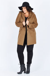 Model Stacey wearing size L of the Ascot Coat in colour Caramel, from the front, showing the whole outfit