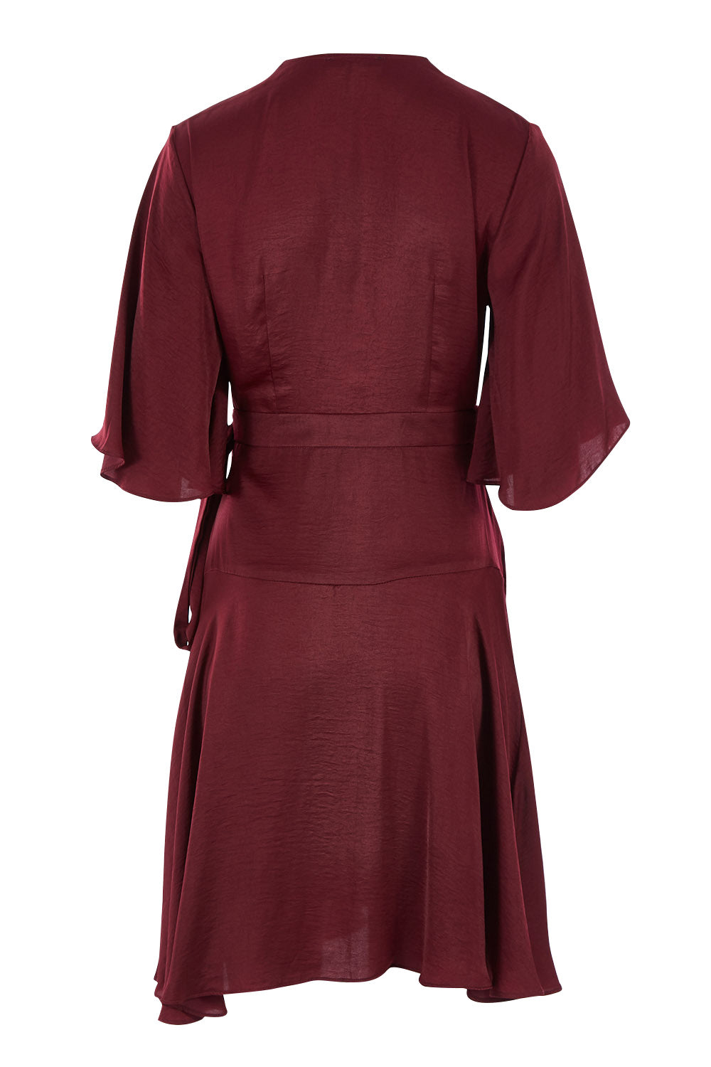 Product shot of the Roula Wrap Dress in colour Portwine (Red), from the back