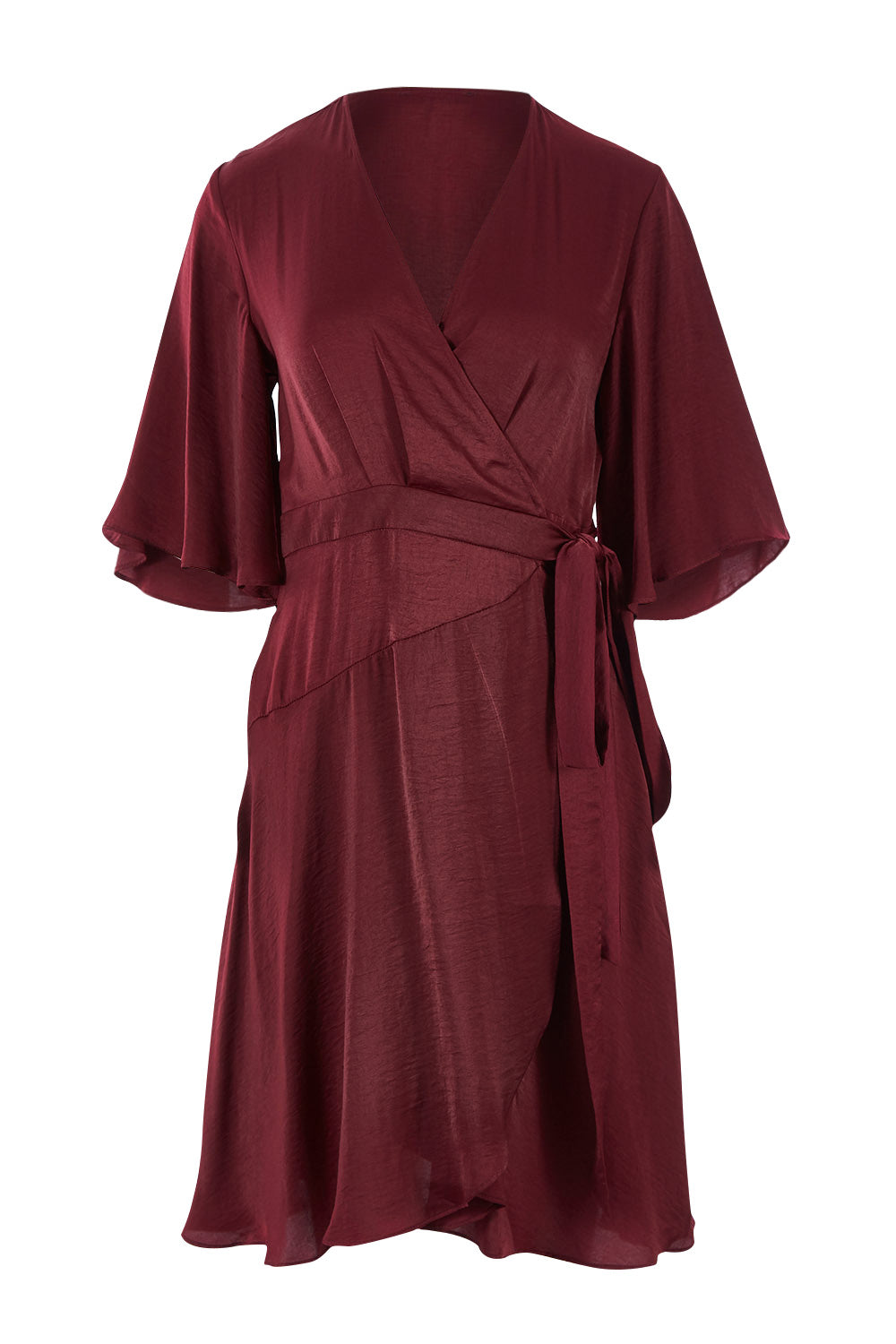Product shot of the Roula Wrap Dress in colour Portwine (Red), from the front