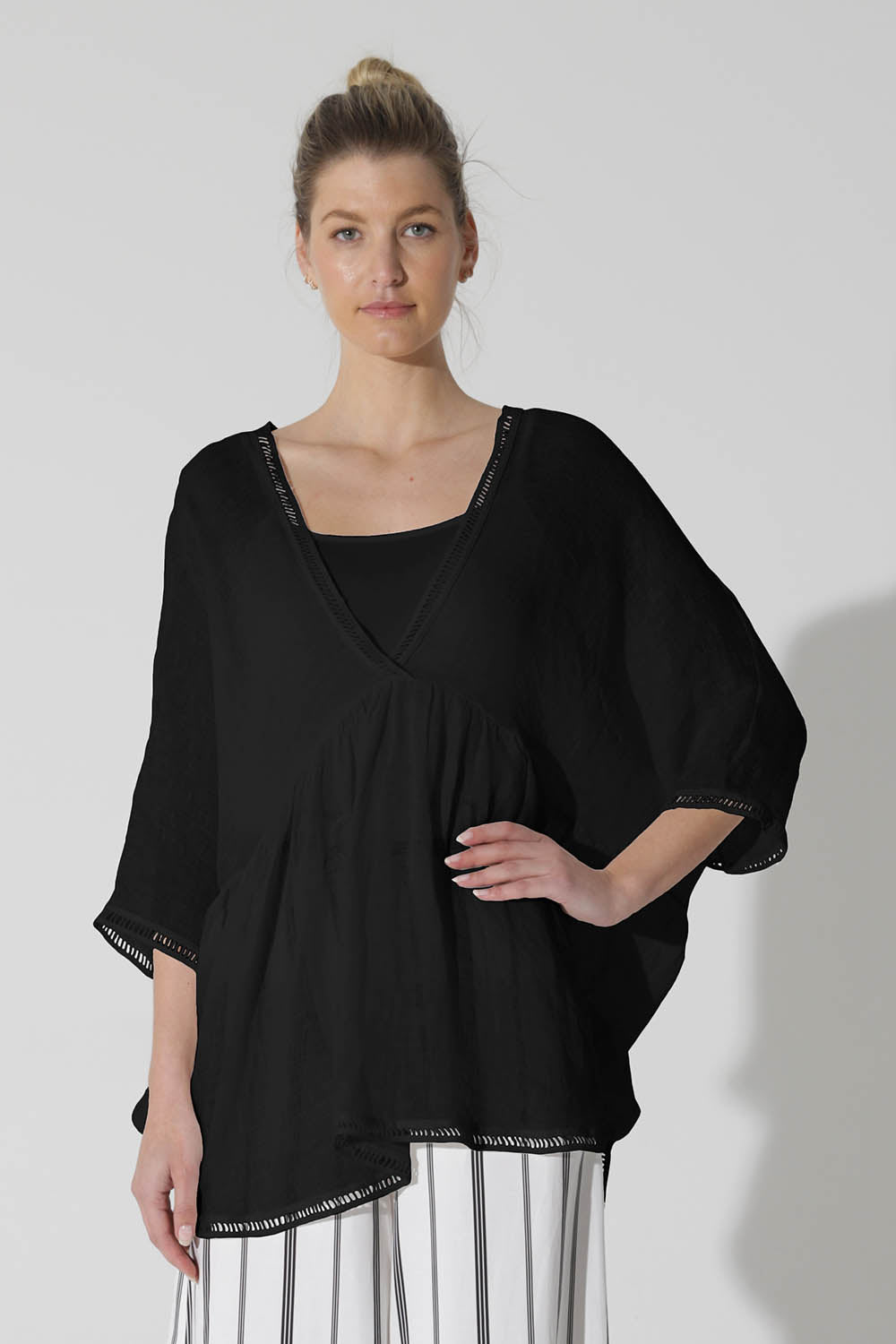A model wearing the Beautiful Ruins Top in colour Black (Black), from the front, cropped image