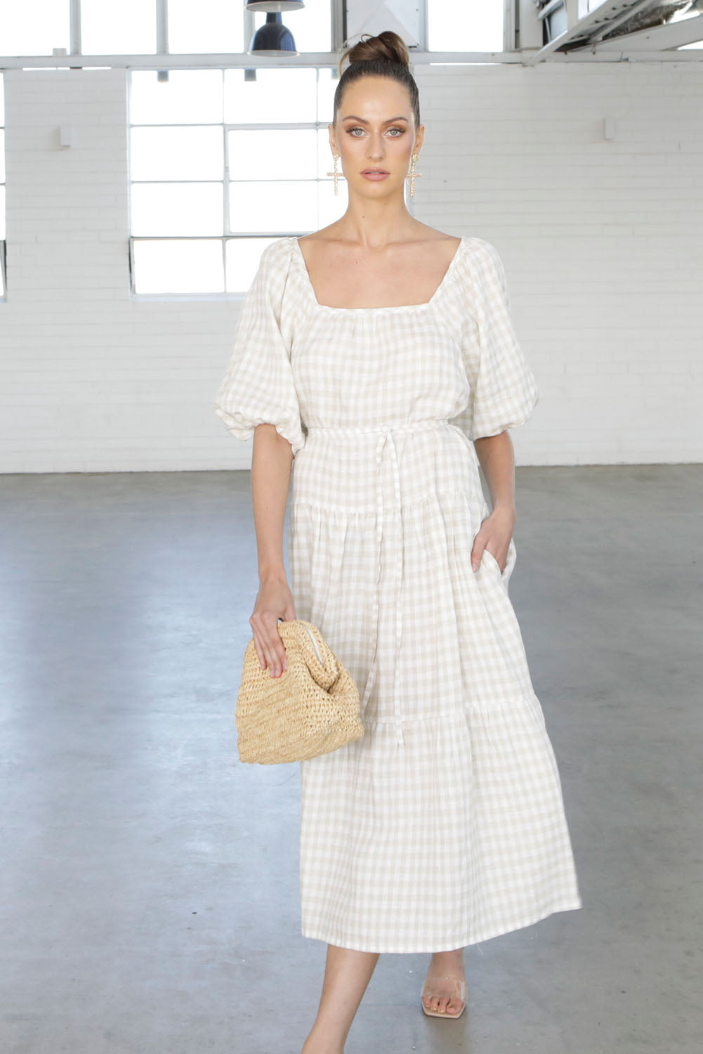 A model wearing the Soul Love Linen Dress in colour Boneging, from the front, showing the whole outfit