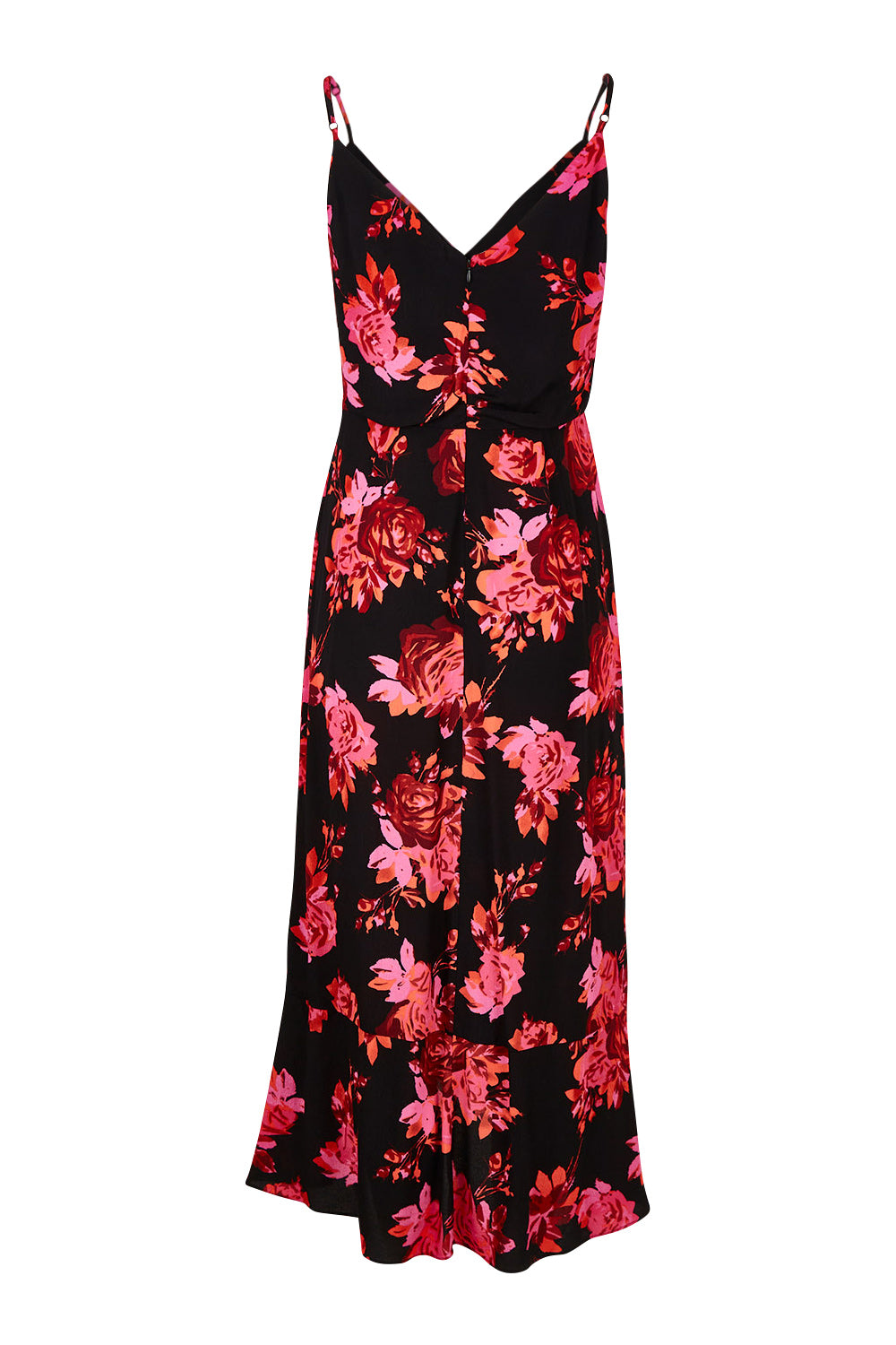 Product shot of the Walk Away Dress in colour Punchflora (Black), from the back
