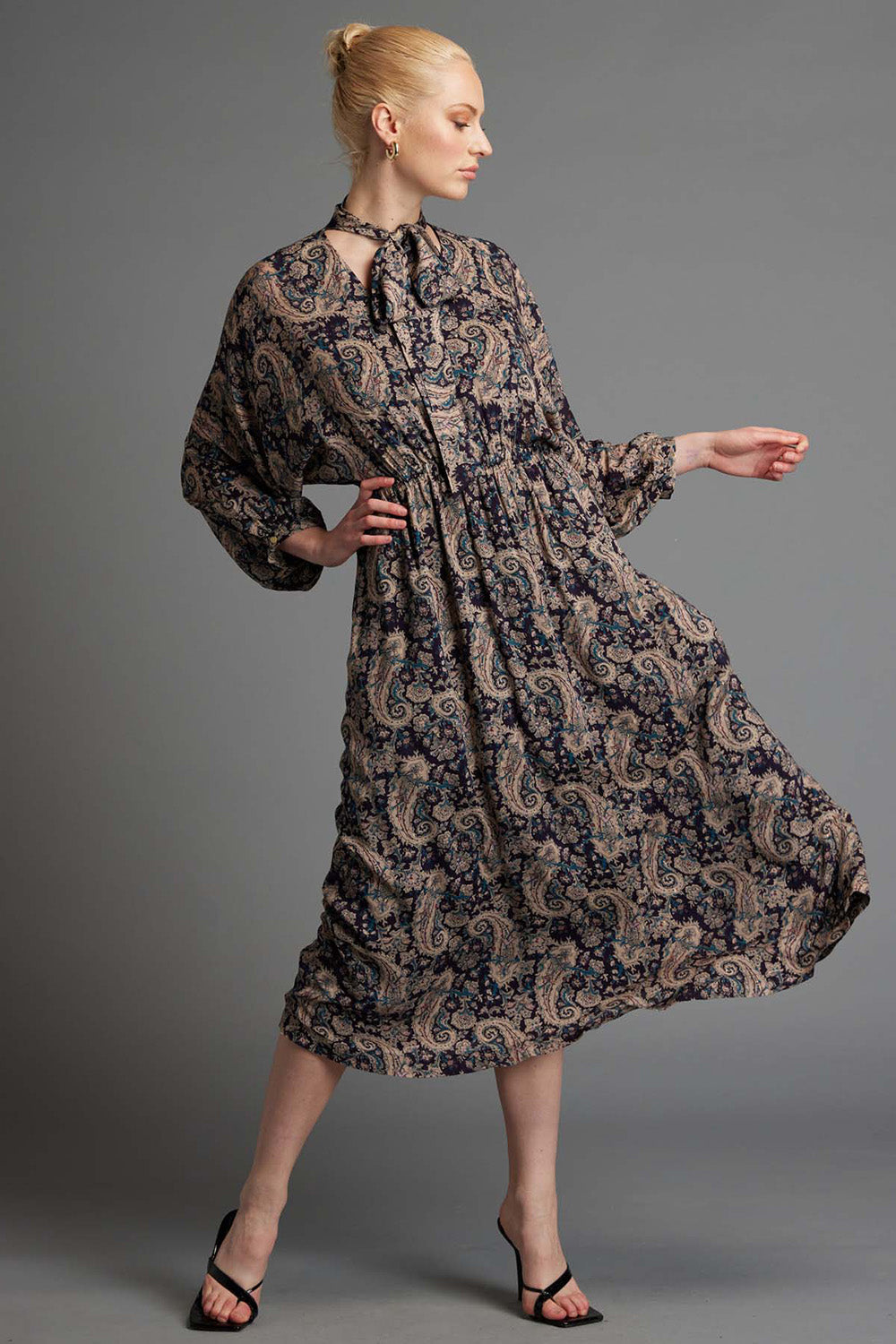 A model wearing the Nightfever Bohemian Maxi Dress in colour Navy (Blue), from the front, showing the whole outfit