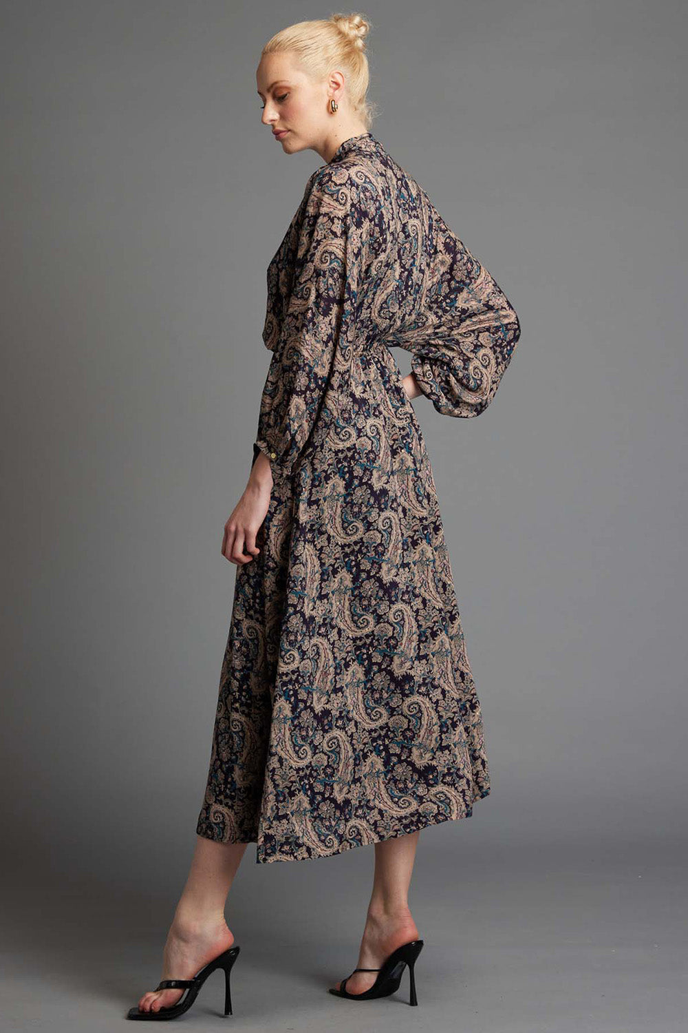 A model wearing the Nightfever Bohemian Maxi Dress in colour Navy (Blue), from the front, showing the whole outfit