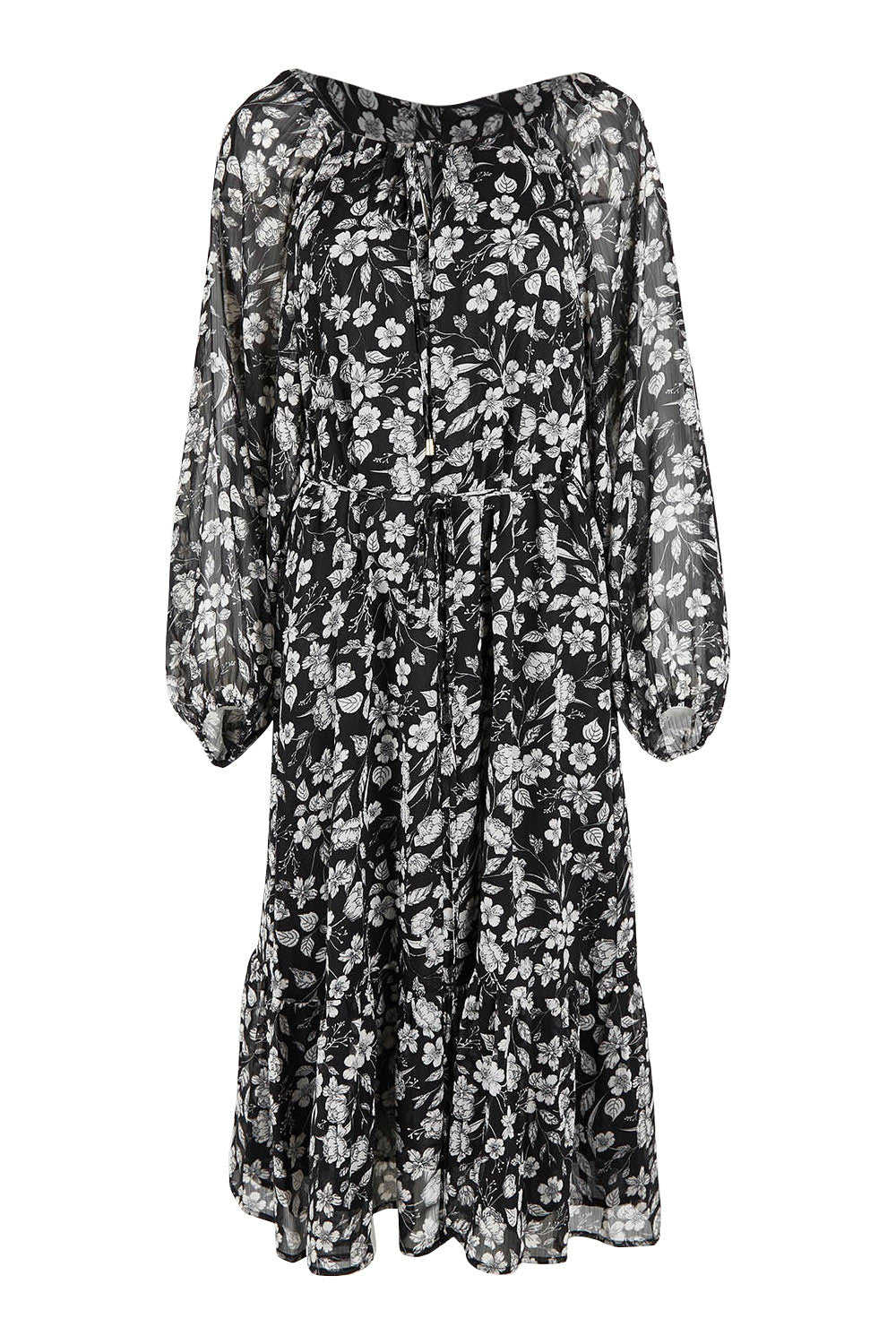 Product shot of the Beautiful Soul Frill Hem Midi Dress in colour Monofloral (Black), from the front