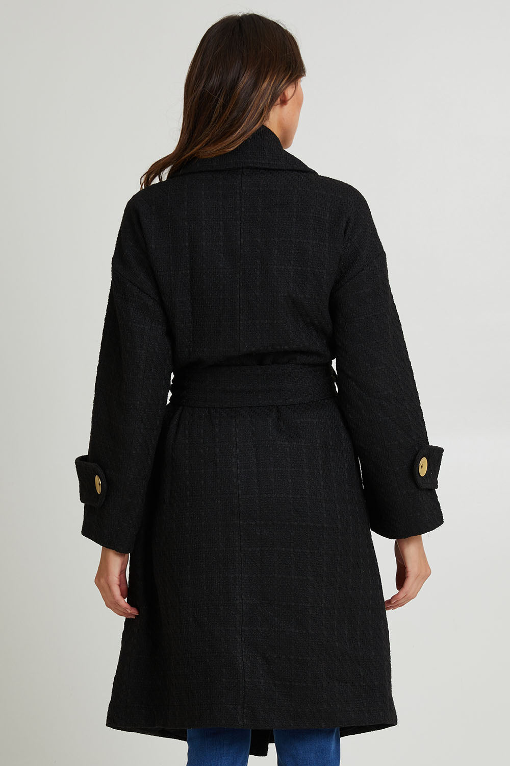 Model Madeline wearing the Forever Oversized Coat in colour Black (Black), from the back