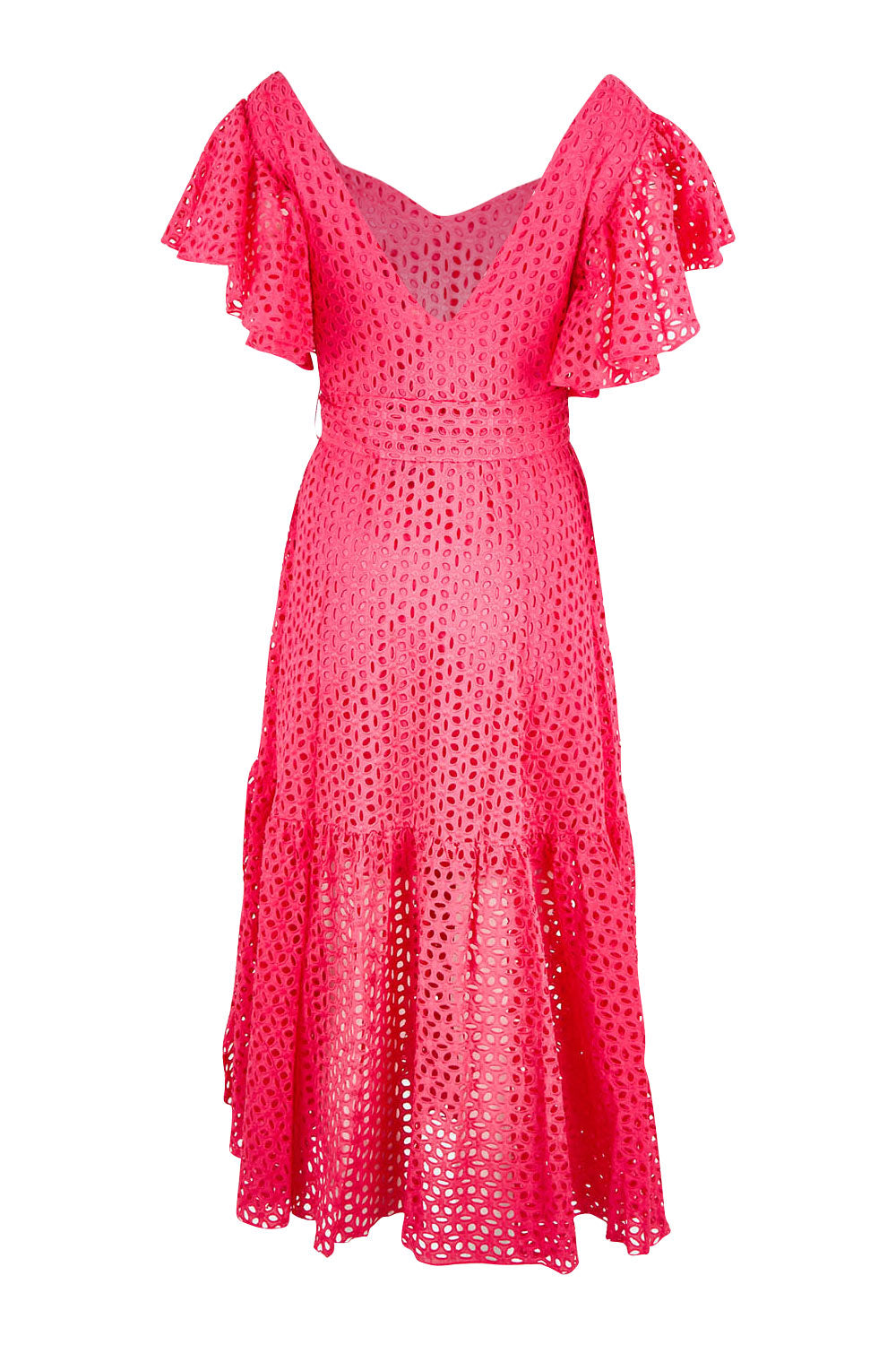 Product shot of the Dream Lover Broderie Midi Dress in colour Rubypink (Pink), from the back