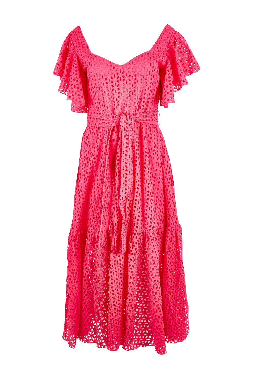 Product shot of the Dream Lover Broderie Midi Dress in colour Rubypink (Pink), from the front
