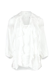 Product shot of the Just Love Ruffle Blouse in colour White (White), from the front