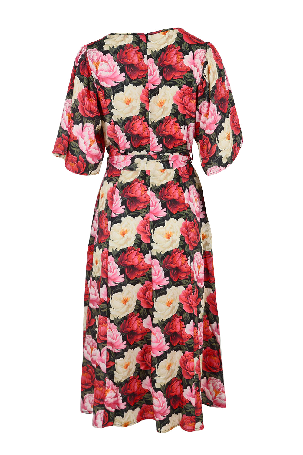 Product shot of the Lyrical Lyocell Midi Dress in colour Oscarflora (Pink), from the back