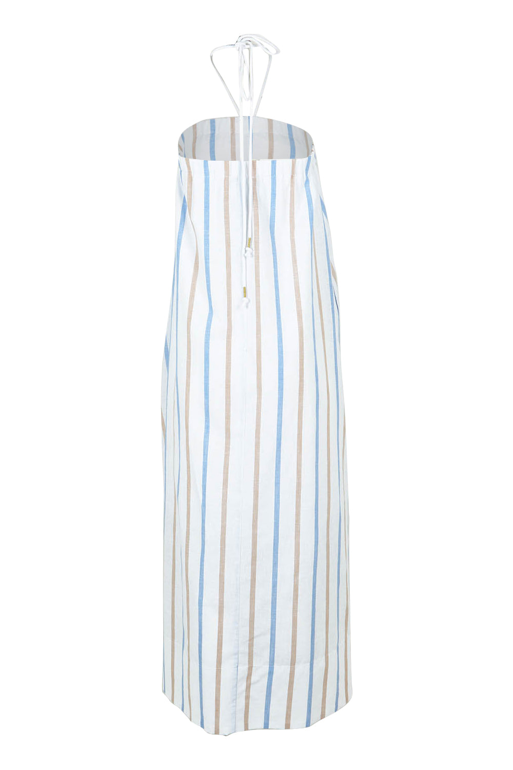 Product shot of the Poolside Boxy Linen Dress in colour Stripe (Blue), from the back