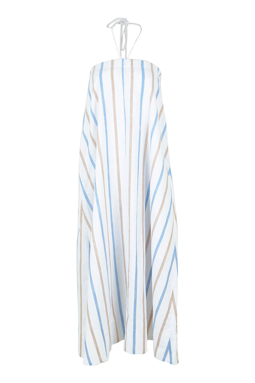 Product shot of the Poolside Boxy Linen Dress in colour Stripe (Blue), from the front