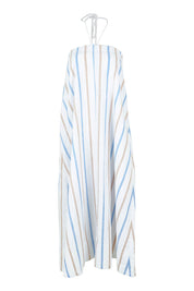 Product shot of the Poolside Boxy Linen Dress in colour Stripe (Blue), from the front