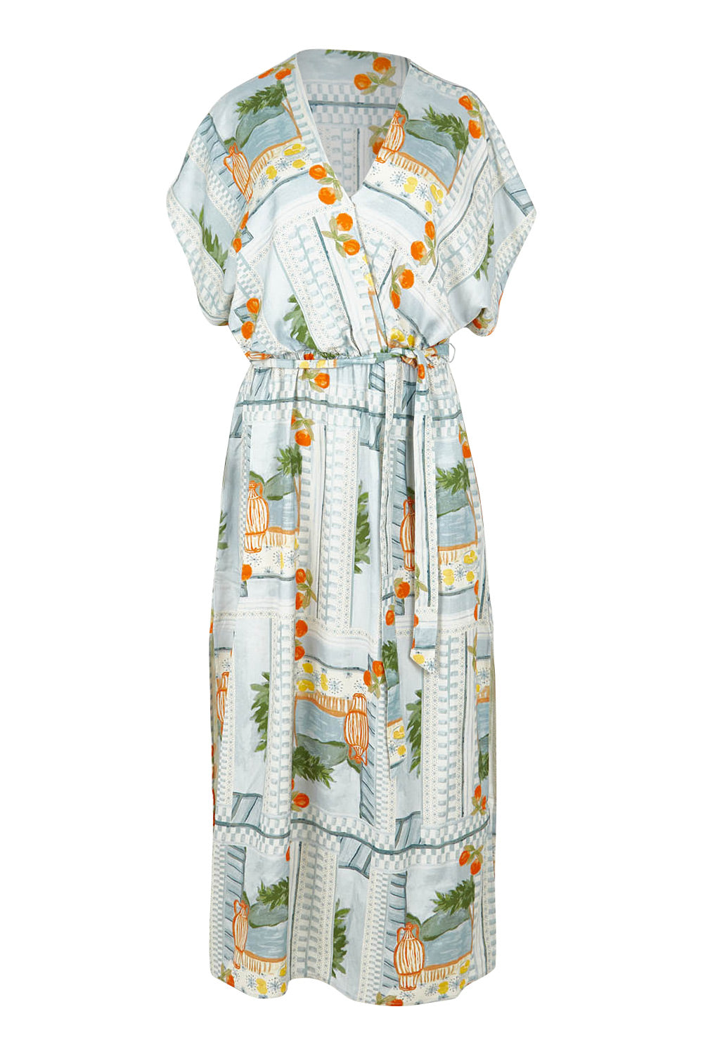 Product shot of The Terrace Linen Cotton Dress in colour Postcard (Blue), from the front