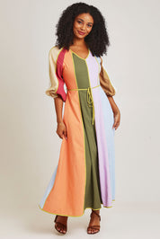 Model Ziara wearing size 10 of the Sun Jewel Linen Blend Dress in colour Multi, from the front, showing the whole outfit