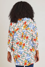 Model Ziara wearing size 10 of the Summer Tide Shirt in colour Vase, from the back