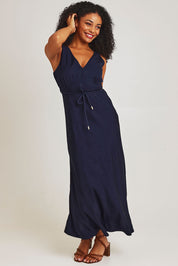 Model Ziara wearing size 10 of the Fusion Dress in colour Navy (Blue), from the front, showing the whole outfit