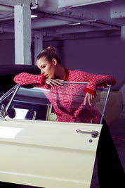A model wearing the Beverley Cotton Blend Knit Cardi in colour Pink (Pink), from the front, showing the whole outfit