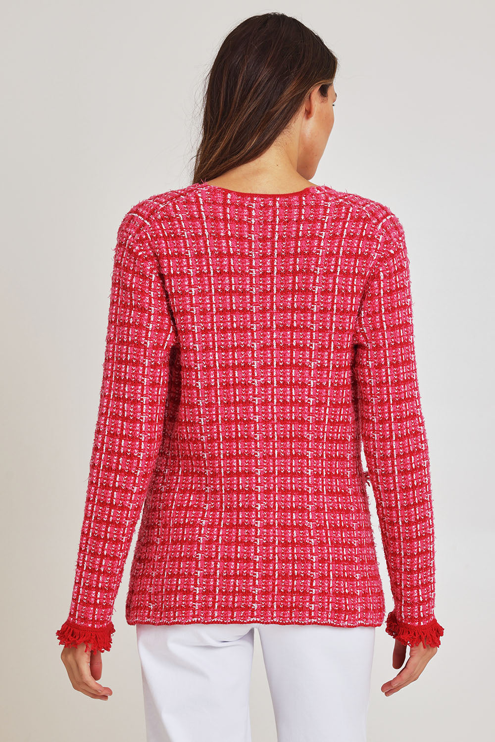 Model Madeline wearing size 10 of the Beverley Cotton Blend Knit Cardi in colour Pink (Pink), from the back