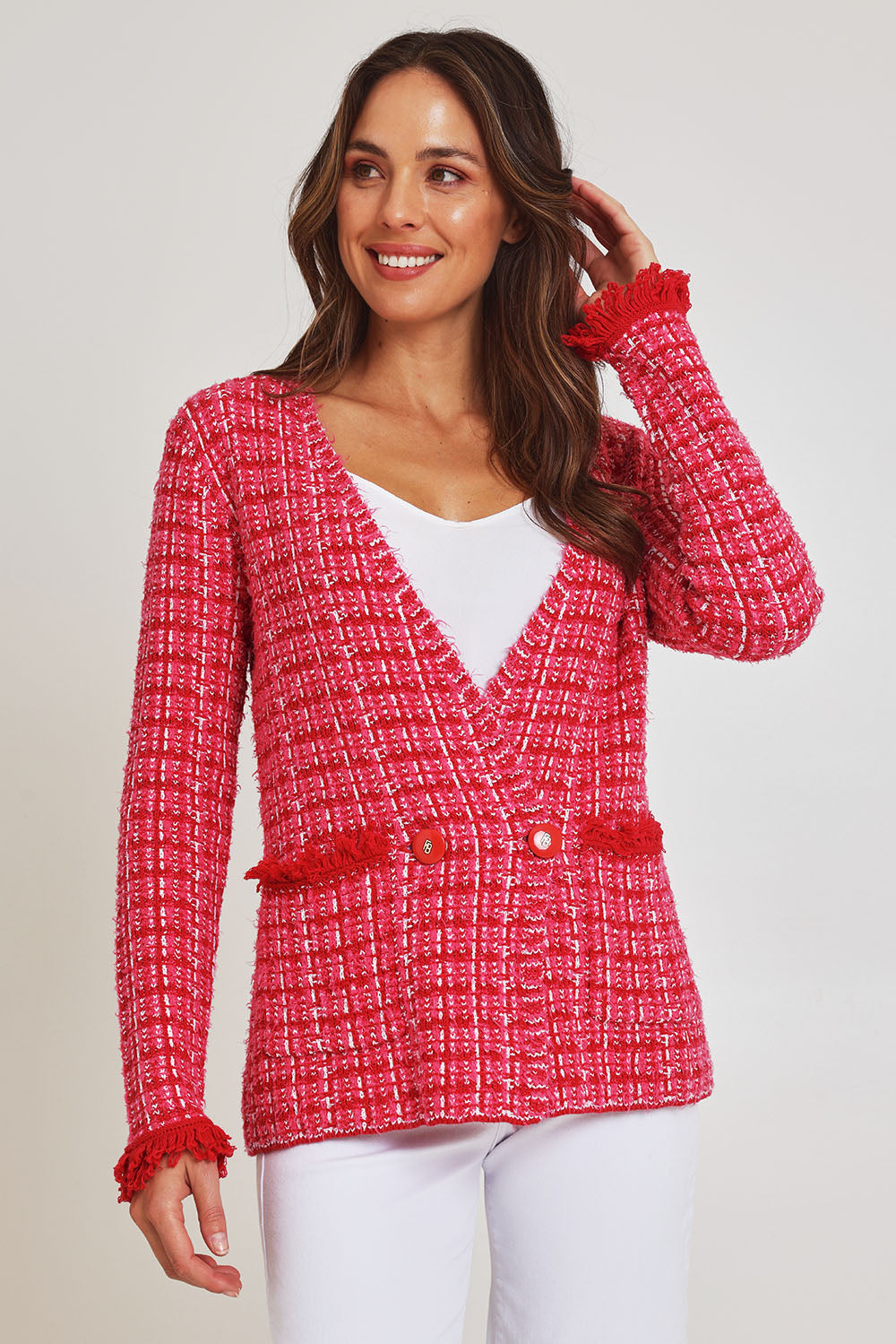 Model Madeline wearing size 10 of the Beverley Cotton Blend Knit Cardi in colour Pink (Pink), from the front, cropped image