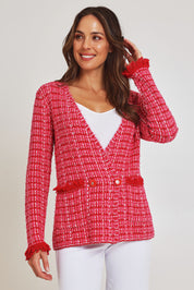 Model Madeline wearing size 10 of the Beverley Cotton Blend Knit Cardi in colour Pink (Pink), from the front, cropped image