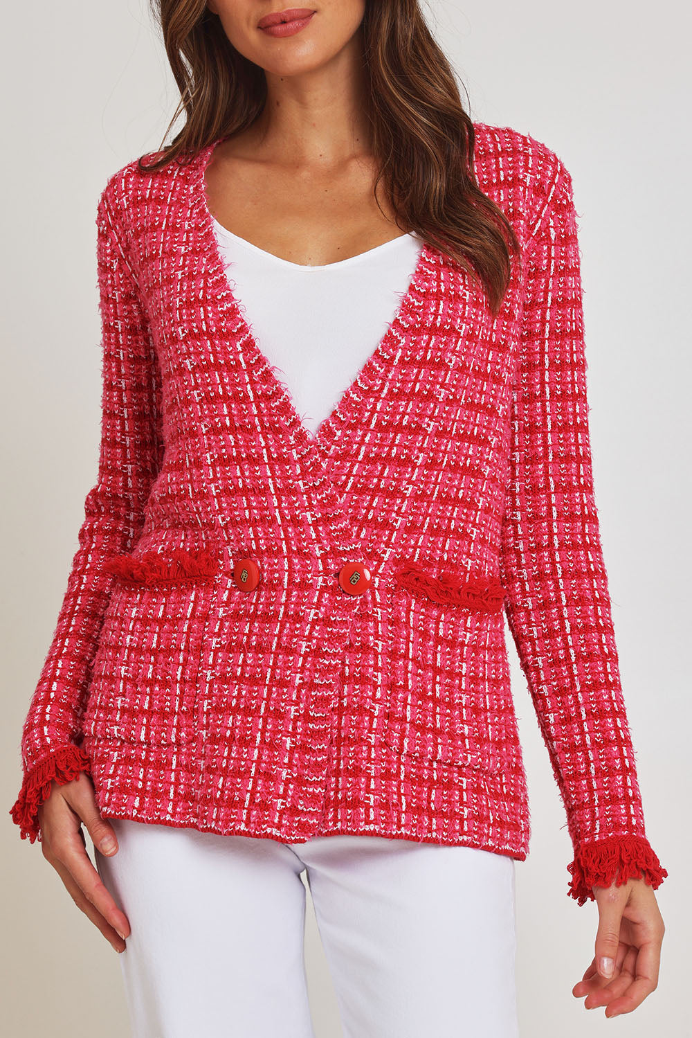 Model Madeline wearing size 10 of the Beverley Cotton Blend Knit Cardi in colour Pink (Pink), from the front, cropped image