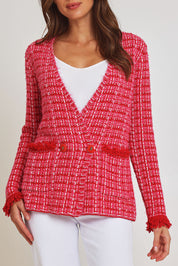 Model Madeline wearing size 10 of the Beverley Cotton Blend Knit Cardi in colour Pink (Pink), from the front, cropped image