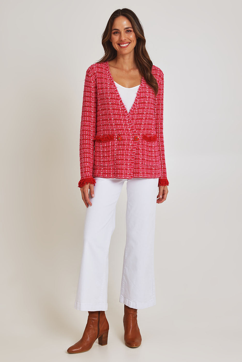 Model Madeline wearing size 10 of the Beverley Cotton Blend Knit Cardi in colour Pink (Pink), from the front, showing the whole outfit
