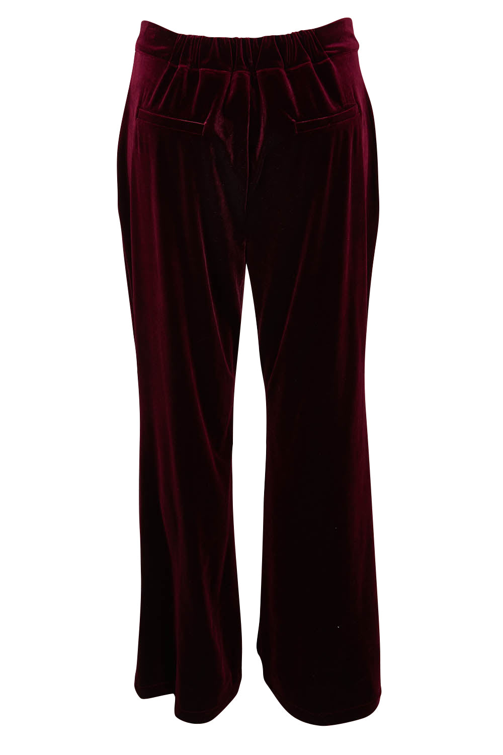 Product shot of the Mustang Sally Velvet Pant in colour Wine (Red), from the back