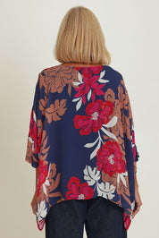 Model Sandy wearing size 10 of the Magnetic Fever Top in colour Pinkfloral (Blue), from the back