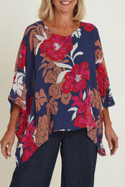 Model Sandy wearing size 10 of the Magnetic Fever Top in colour Pinkfloral (Blue), from the front, cropped image
