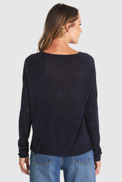 A model wearing the Reminiscent Knit Top in colour Navy (Blue), from the back