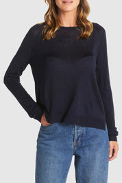A model wearing the Reminiscent Knit Top in colour Navy (Blue), from the front, cropped image