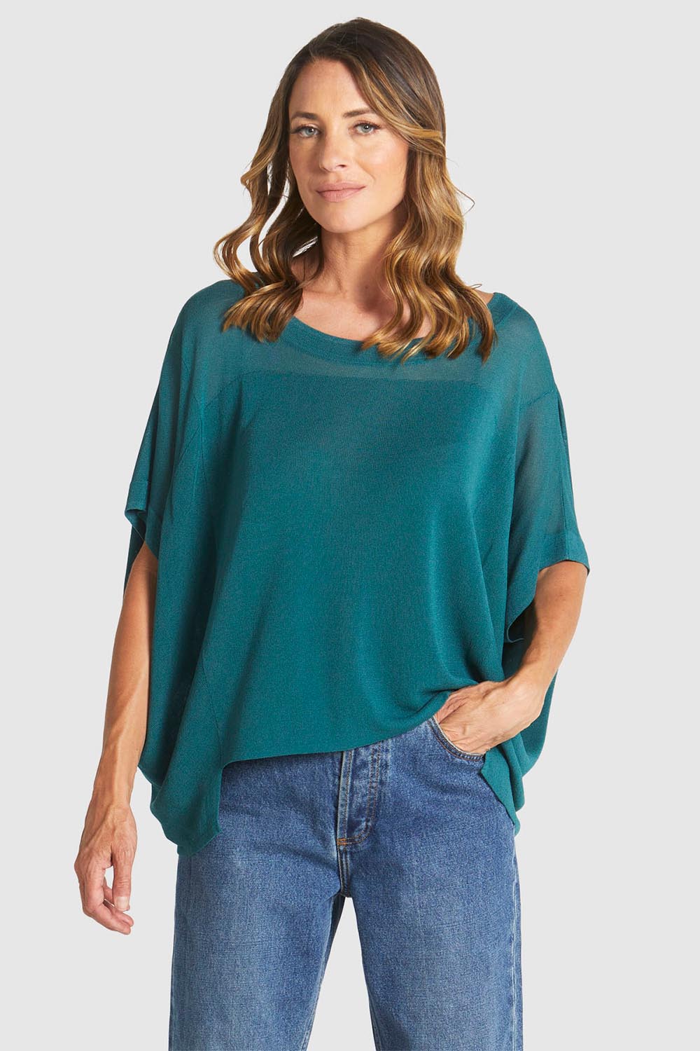 A model wearing the Irises Knit Top in colour Teal (Green), from the front, cropped image