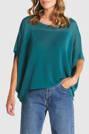 A model wearing the Irises Knit Top in colour Teal (Green), from the front, cropped image