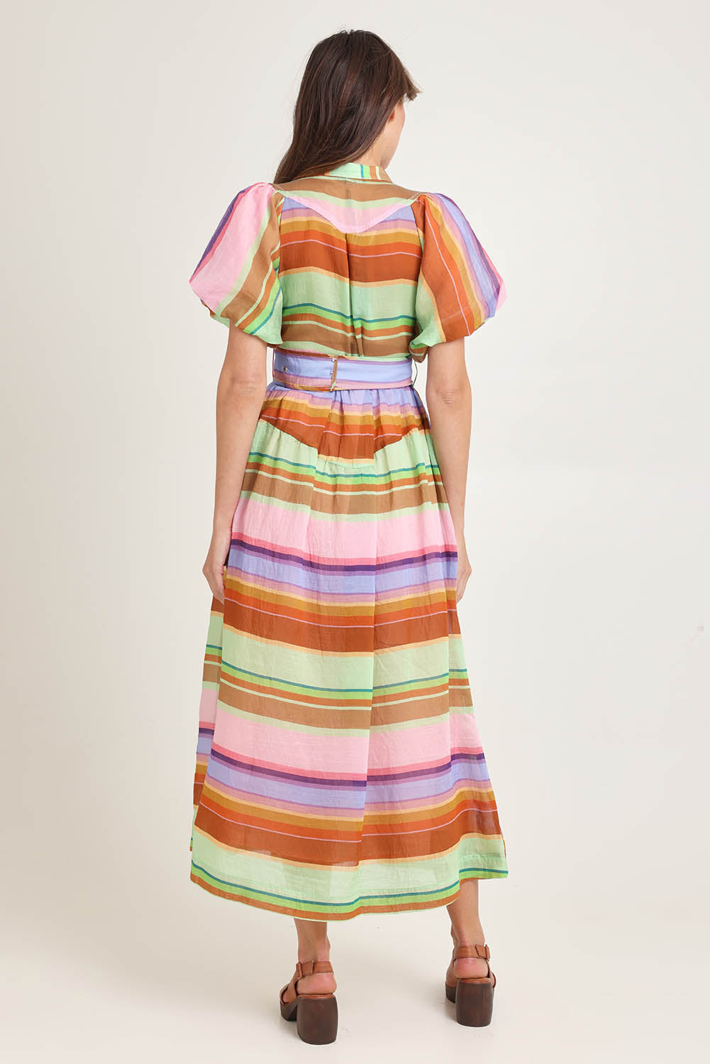 Model Madeline wearing size 10 of the Siesta Lyocell Blend Dress in colour Stripe, from the back