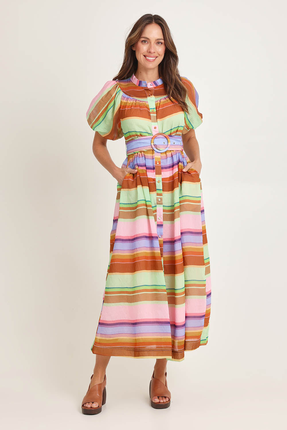 Model Madeline wearing size 10 of the Siesta Lyocell Blend Dress in colour Stripe, from the front, showing the whole outfit