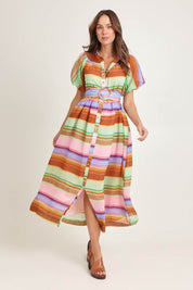 Model Madeline wearing size 10 of the Siesta Lyocell Blend Dress in colour Stripe, from the front, showing the whole outfit