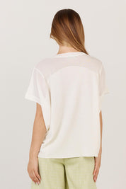 A model wearing the Corsica Knit Top in colour White (White), from the back