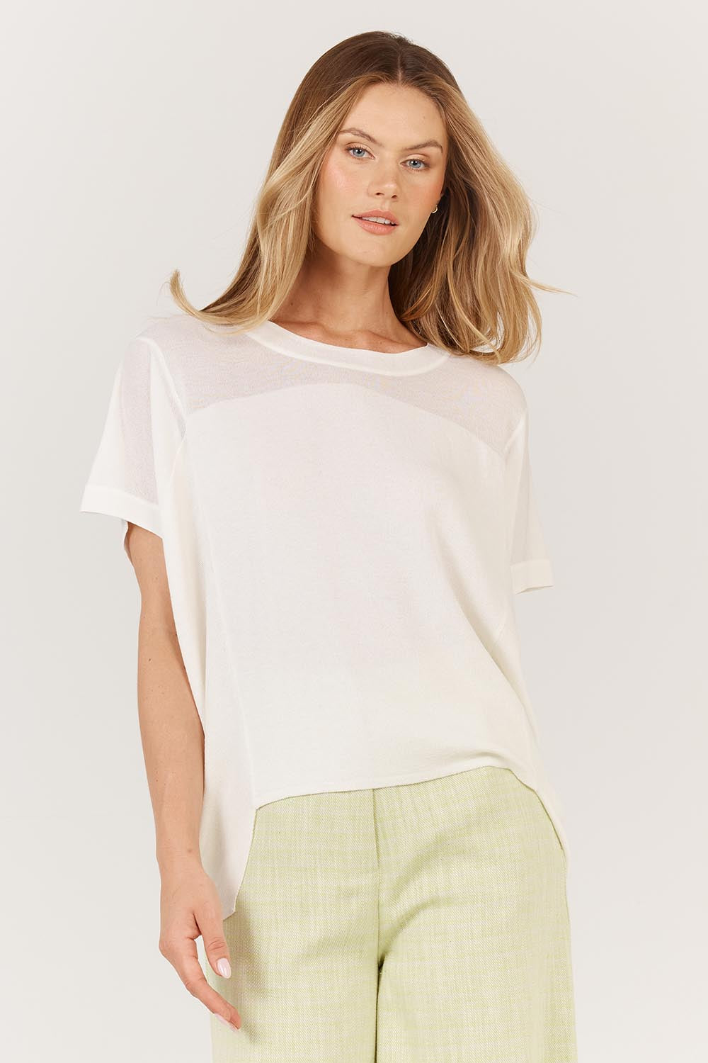 A model wearing the Corsica Knit Top in colour White (White), from the front, cropped image
