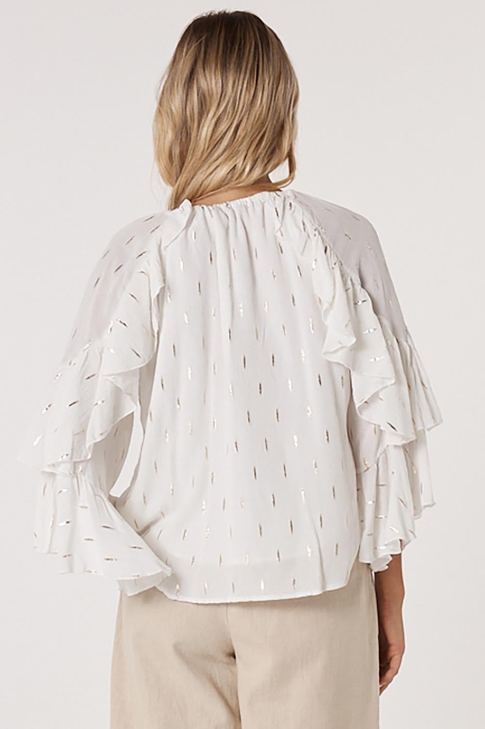 A model wearing the Delia Ruffle Top in colour White (White), from the back