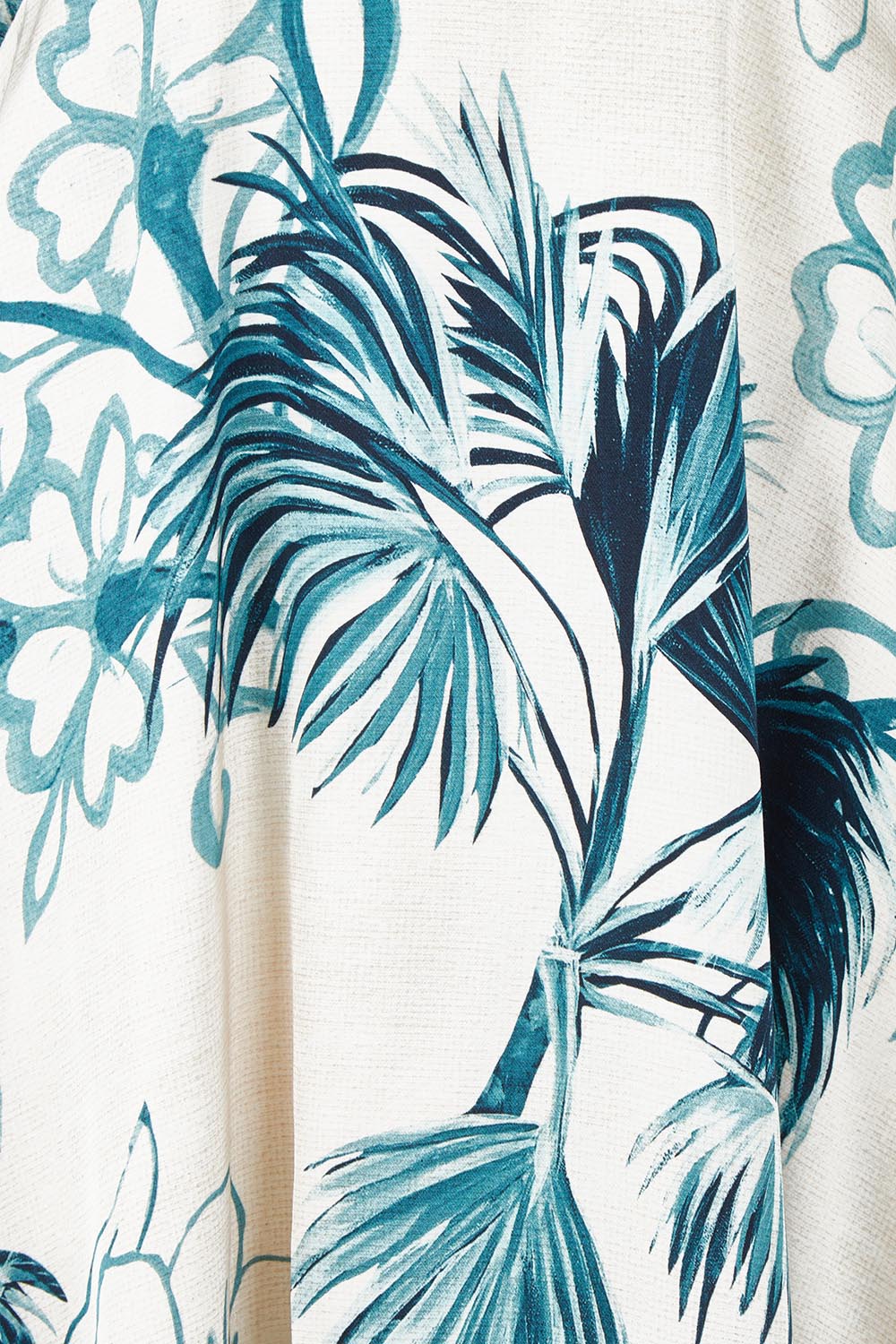 Product shot of the Solstice Palms Midi Dress in colour Palm (Blue), detail