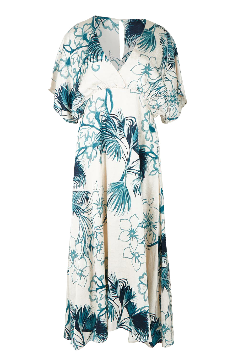 Product shot of the Solstice Palms Midi Dress in colour Palm (Blue), from the front