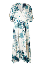 Product shot of the Solstice Palms Midi Dress in colour Palm (Blue), from the front