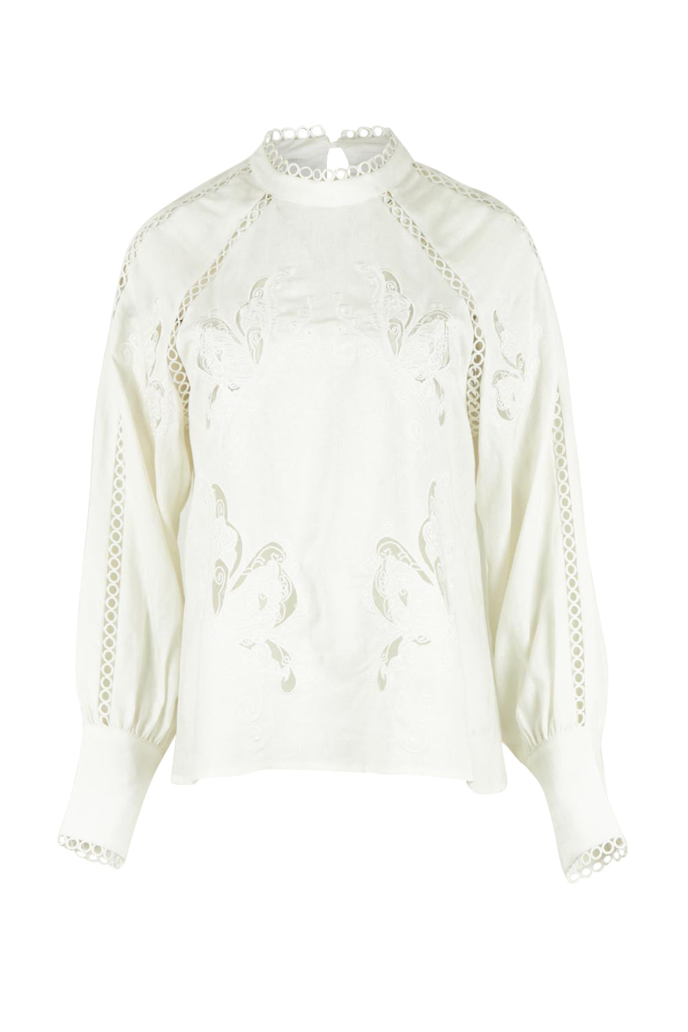 Product shot of the Aven Embroidered Linen Blend Blouse in colour White (White), from the front