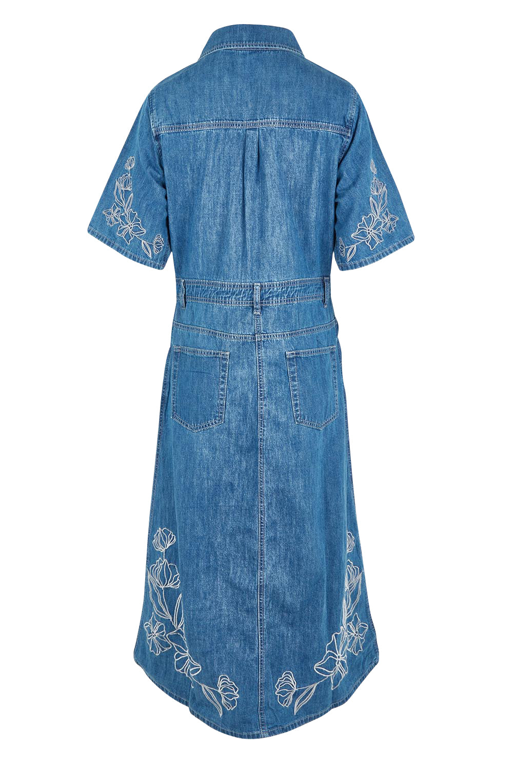 Product shot of the Sloane Embroidered Denim Dress in colour Midblue (Blue), from the back