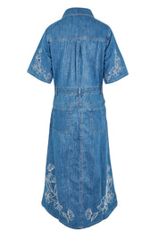 Product shot of the Sloane Embroidered Denim Dress in colour Midblue (Blue), from the back