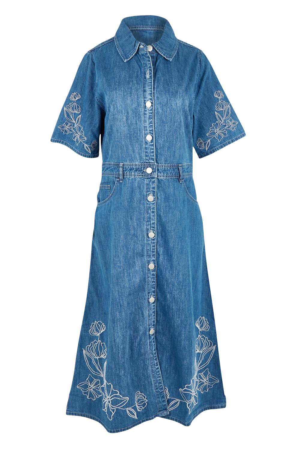 Product shot of the Sloane Embroidered Denim Dress in colour Midblue (Blue), from the front
