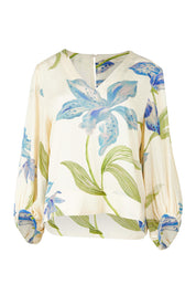 Product shot of the Anthea Linen Blend Blouse in colour Floral (White), from the front